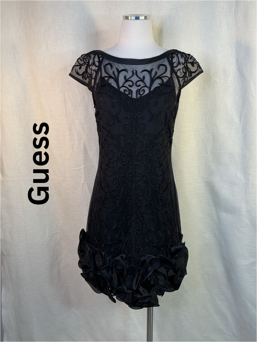 Guess Black Embroidered Mesh Ruffle Hem Cocktail Dress Size 4 Y2K Evening